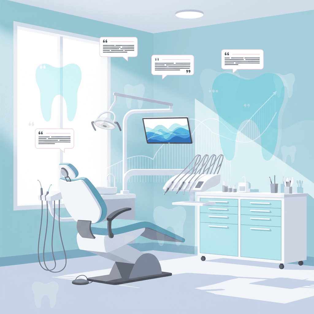 Modern dental treatment room with digital overlays, testimonials, and clinical tones in bright light.
