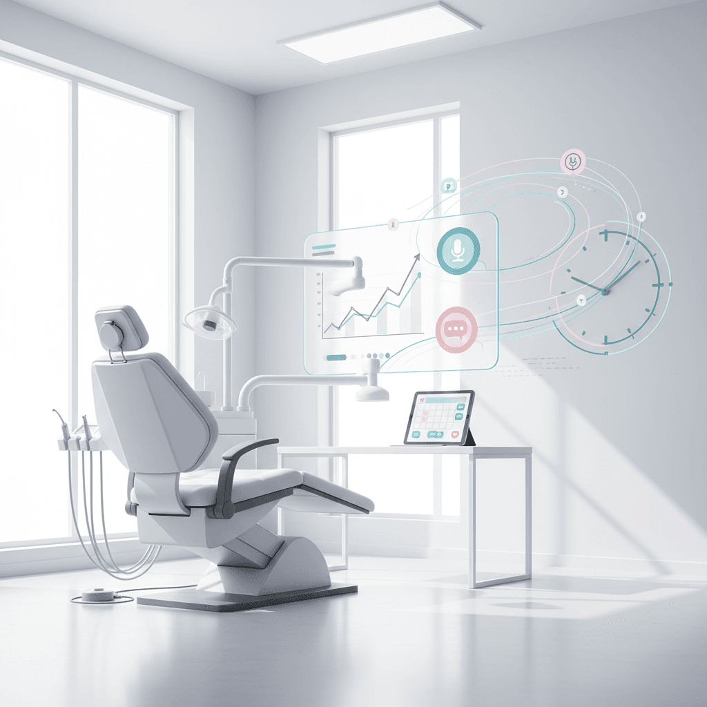 Modern dental treatment room with digital workspace, testimonial bubbles, growth charts, and abstract message flows.