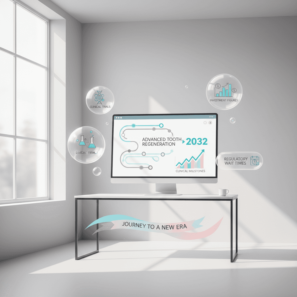 Modern dental treatment room with digital workspace, floating bubbles, and minimalist design elements.