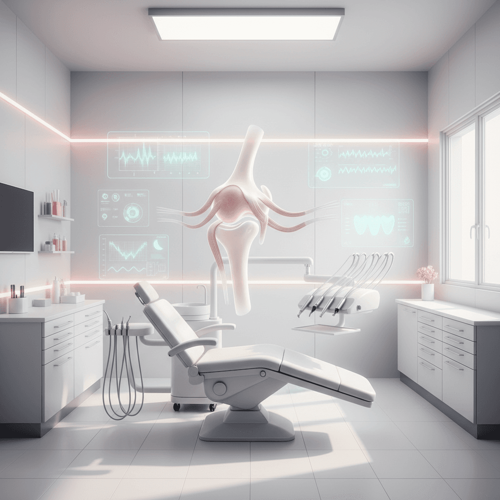 Modern dental treatment room with floating temporomandibular joint, digital overlays, and calming colors.