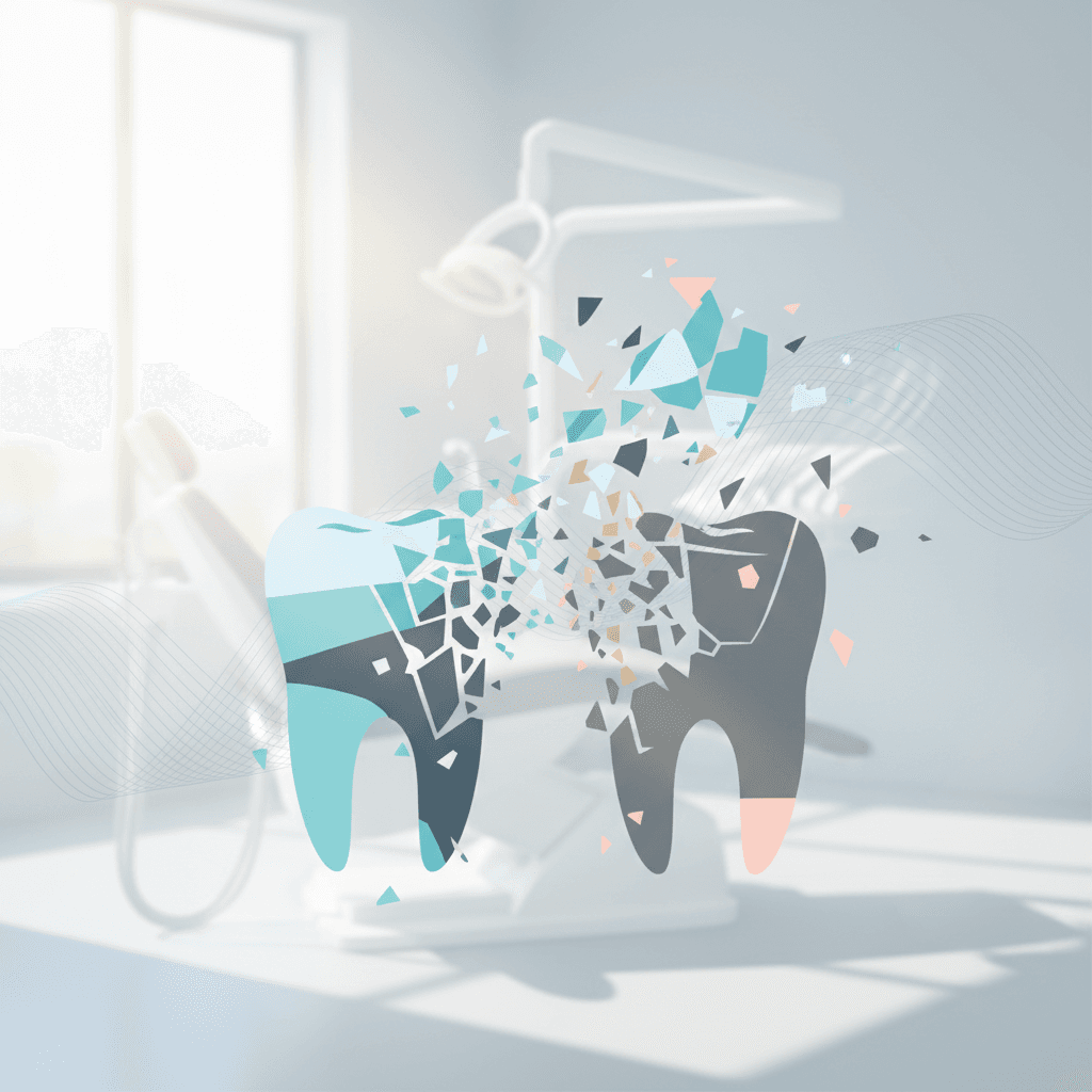 Modern dental treatment room with fractured canine shapes dissolving into worn posterior teeth.