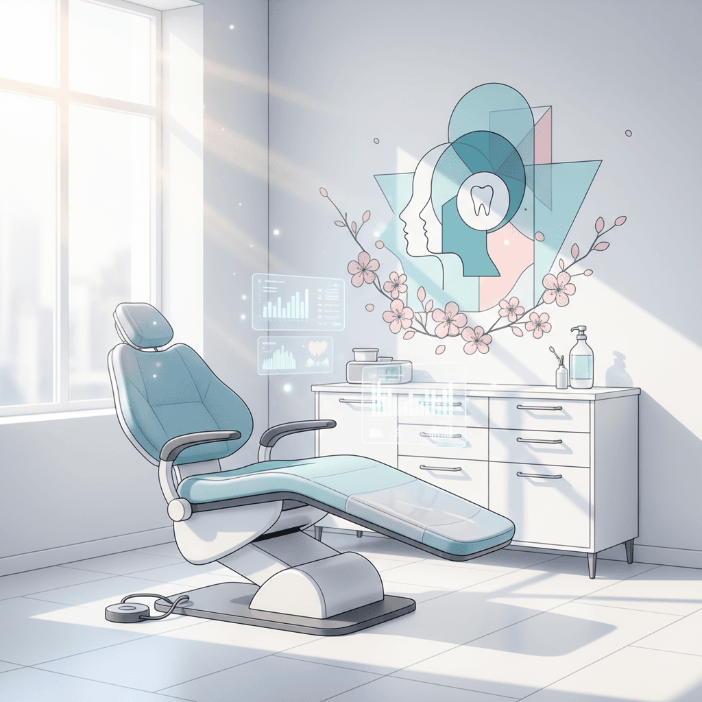 Modern dental treatment room with geometric shapes, floral motifs, digital overlays, and calming colors.