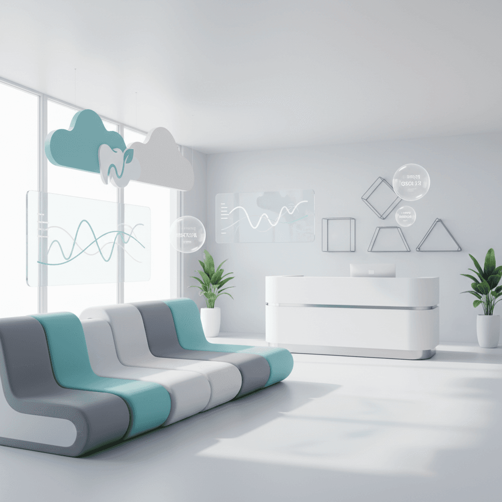 Modern dental waiting area with minimalist seating, brand colors, awards, charts, and testimonials.