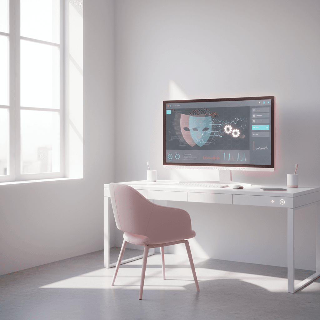 Modern dental workspace dashboard with abstract symbols of risk and automation elements.
