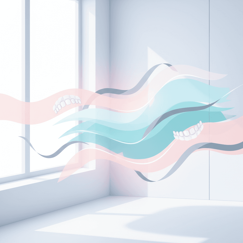 Modern dental workspace illustration with abstract layers, dental arches, and calming colors.