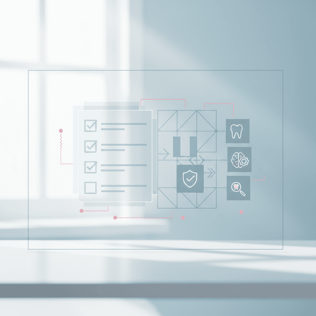 Modern dental workspace illustration with digital checklists, workflow grids, icons, and geometric shapes.