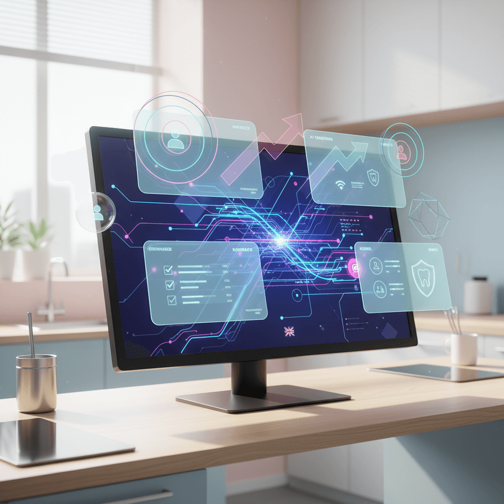 Modern dental workspace with AI data interfaces, geometric shapes, and warm, professional tones.