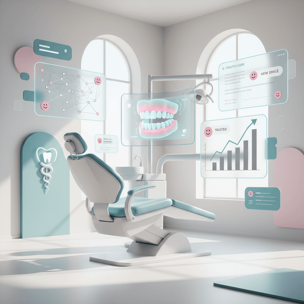 Modern dental workspace with data panels, testimonial bubbles, and symbolic patient connection elements.