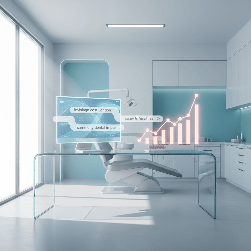 Modern dental workspace with data streams and growth chart in bright, clinical setting.