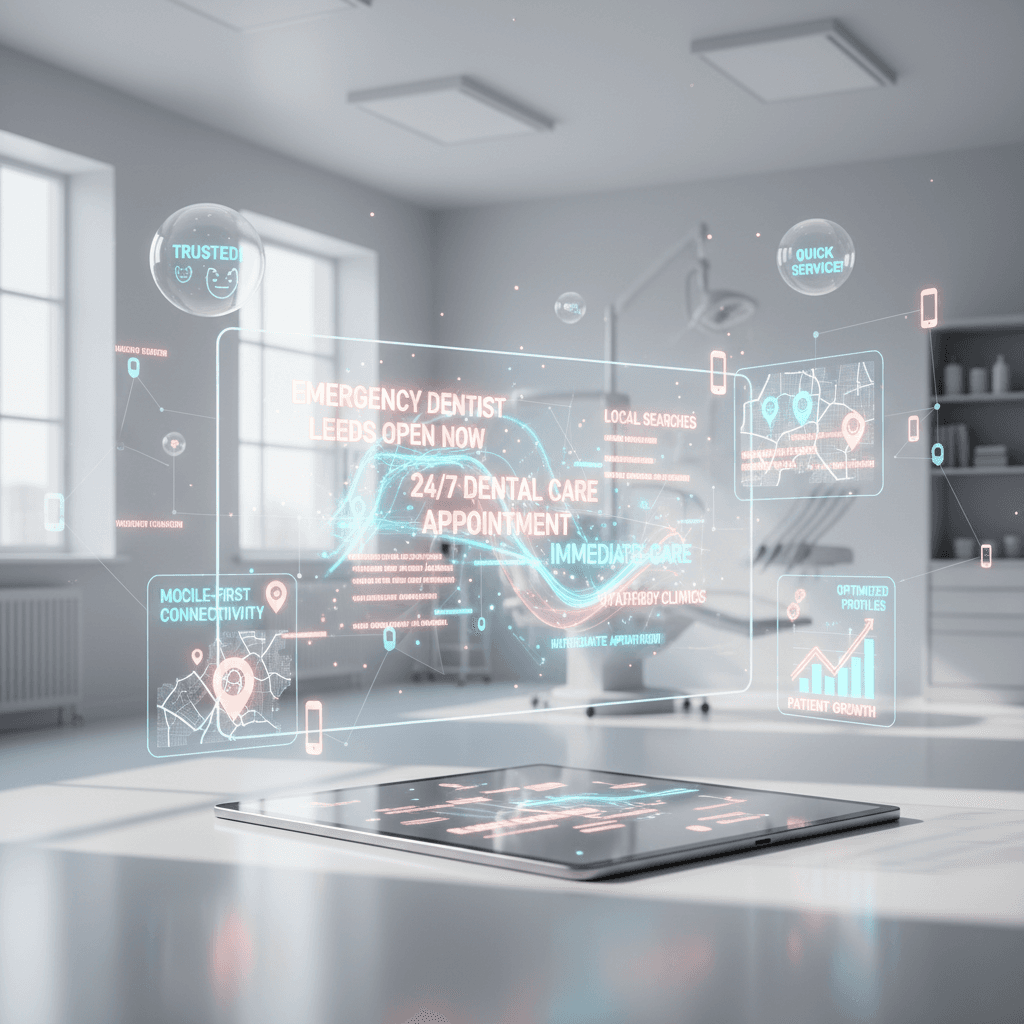 Modern dental workspace with data streams, maps, and growth charts in bright, clinical tones.
