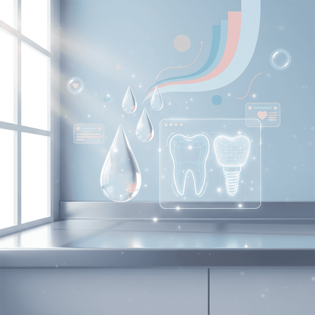 Modern dental workspace with digital blueprints, resin droplets, and glowing 3D structures.