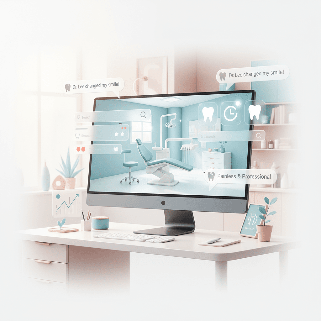 Modern dental workspace with digital dashboard, appointment icons, and testimonial bubbles.