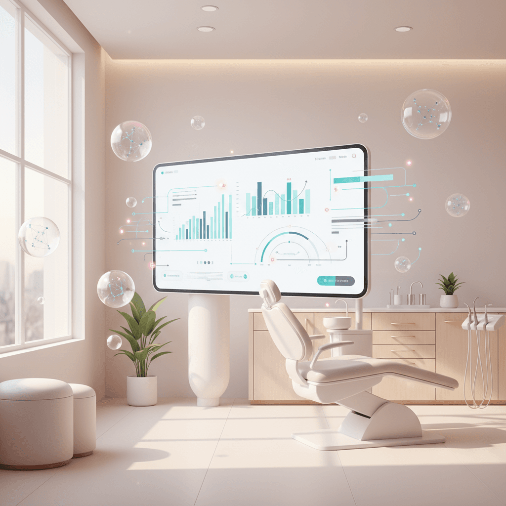 Modern dental workspace with digital dashboard, growth charts, floating bubbles, and warm lighting.