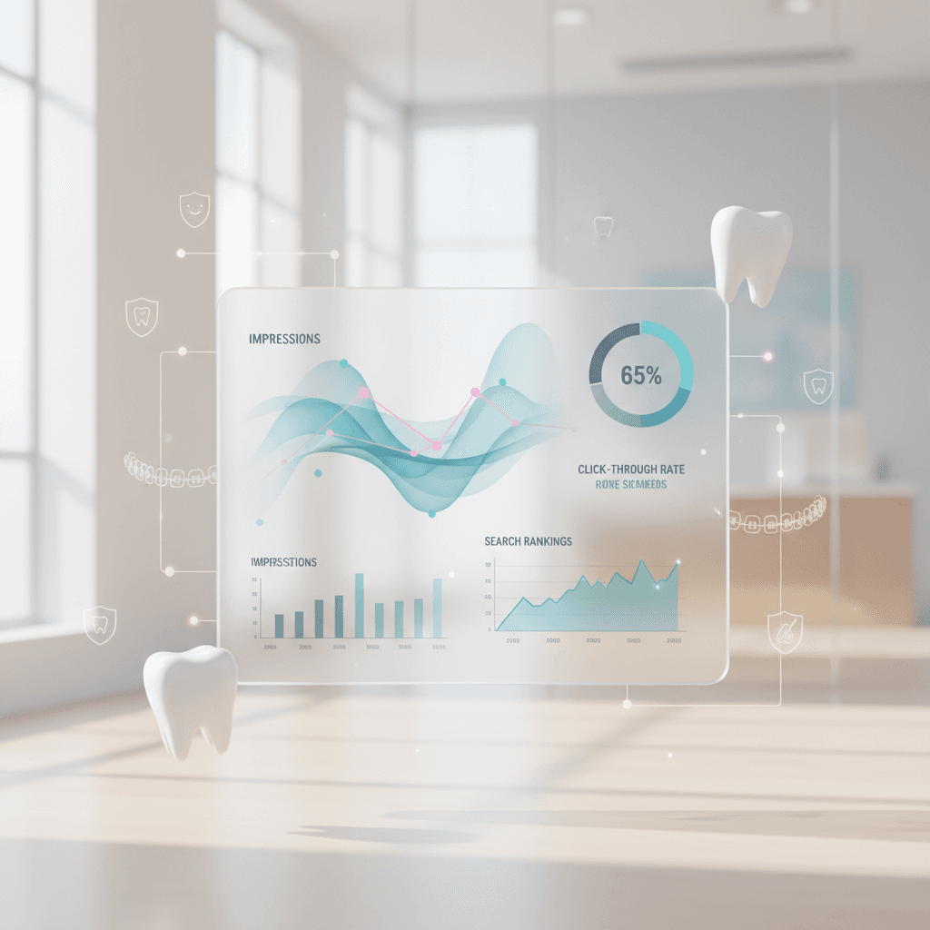 Modern dental workspace with floating dashboard showing analytics, surrounded by minimalist dental icons.