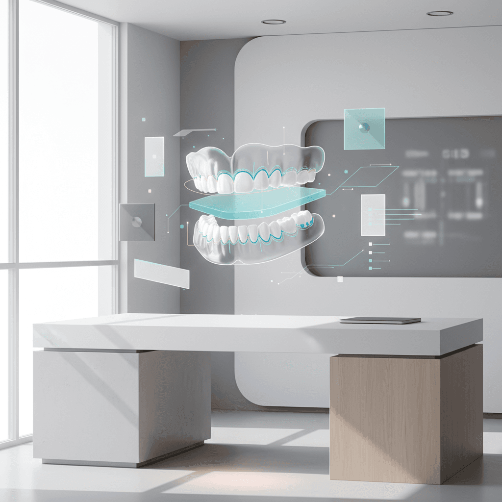 Modern dental workspace with floating digital dental arches and abstract geometric models in soft teal and blue hues.