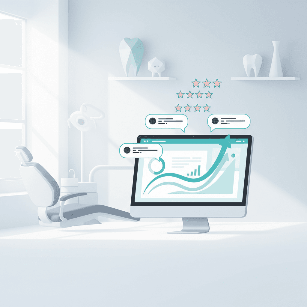 Modern dental workspace with floating testimonials, star ratings, and growth chart in bright, clinical tones.