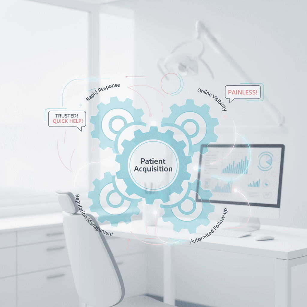 Modern dental workspace with glowing interconnected gears, digital charts, and patient flow overlays.