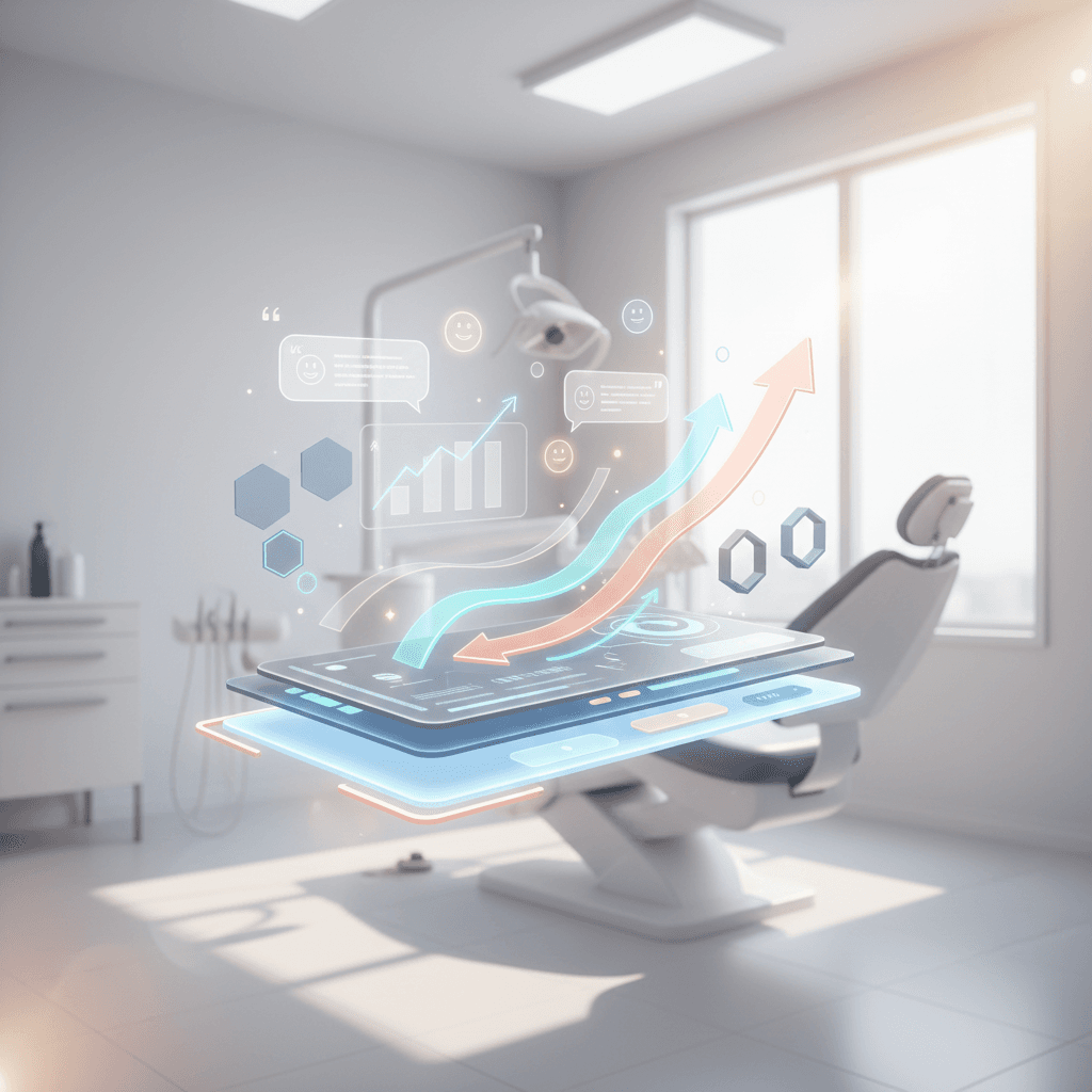 Modern dental workspace with growth charts, testimonial bubbles, geometric shapes, and warm accents.