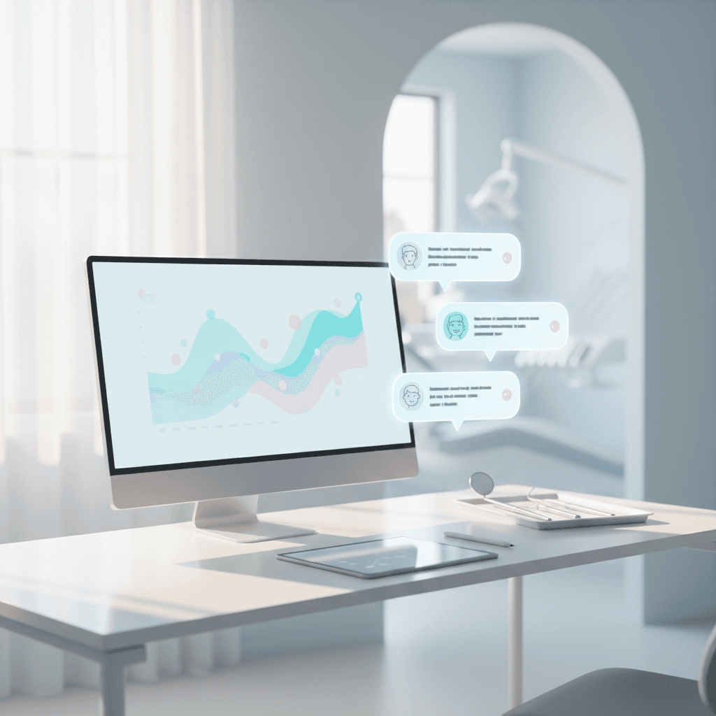 Modern dental workspace with growth charts, testimonial bubbles, and blurred clinical tools.