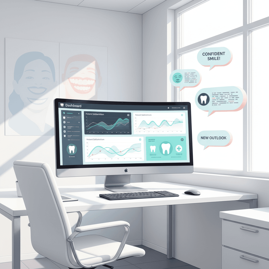 Modern dental workspace with growth charts, testimonial bubbles, and cultural smile silhouettes.