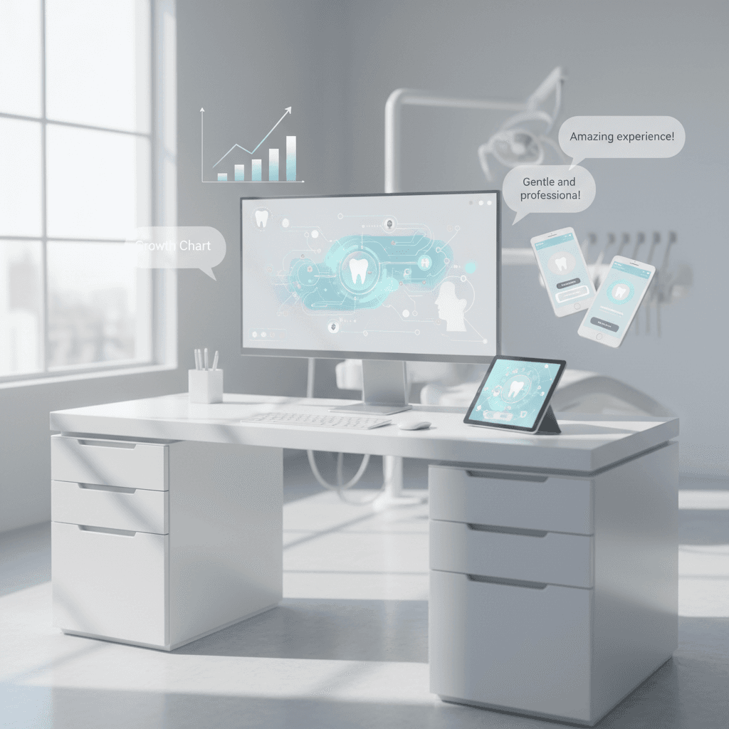 Modern dental workspace with interconnected nodes, testimonial bubbles, growth charts, and devices.