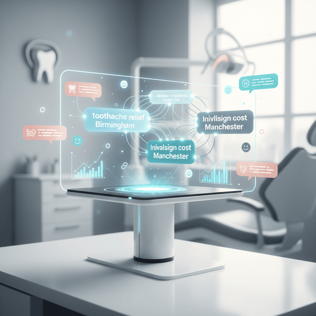 Modern dental workspace with keyword clusters, testimonial bubbles, and growth charts in clinical tones.