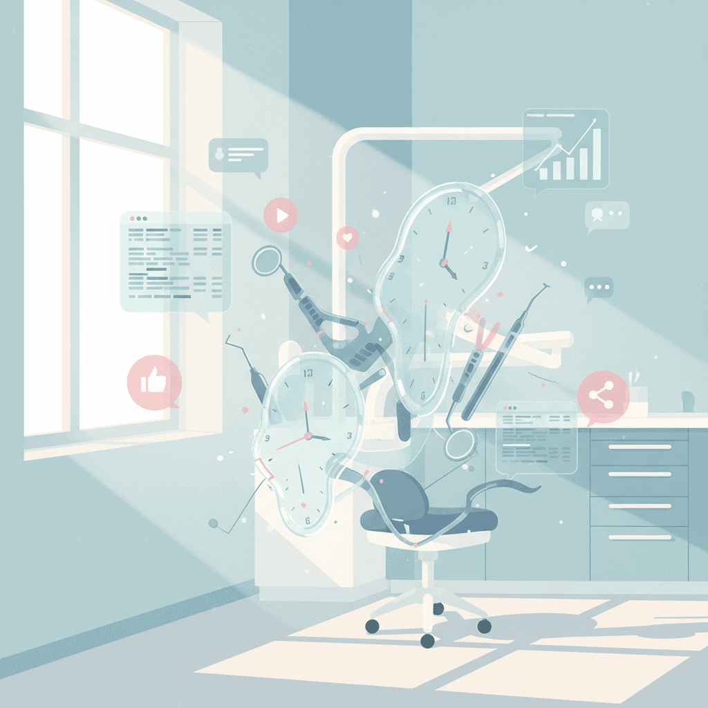 Modern dental workspace with melting clock faces, dental tools, schedules, and digital interface elements.