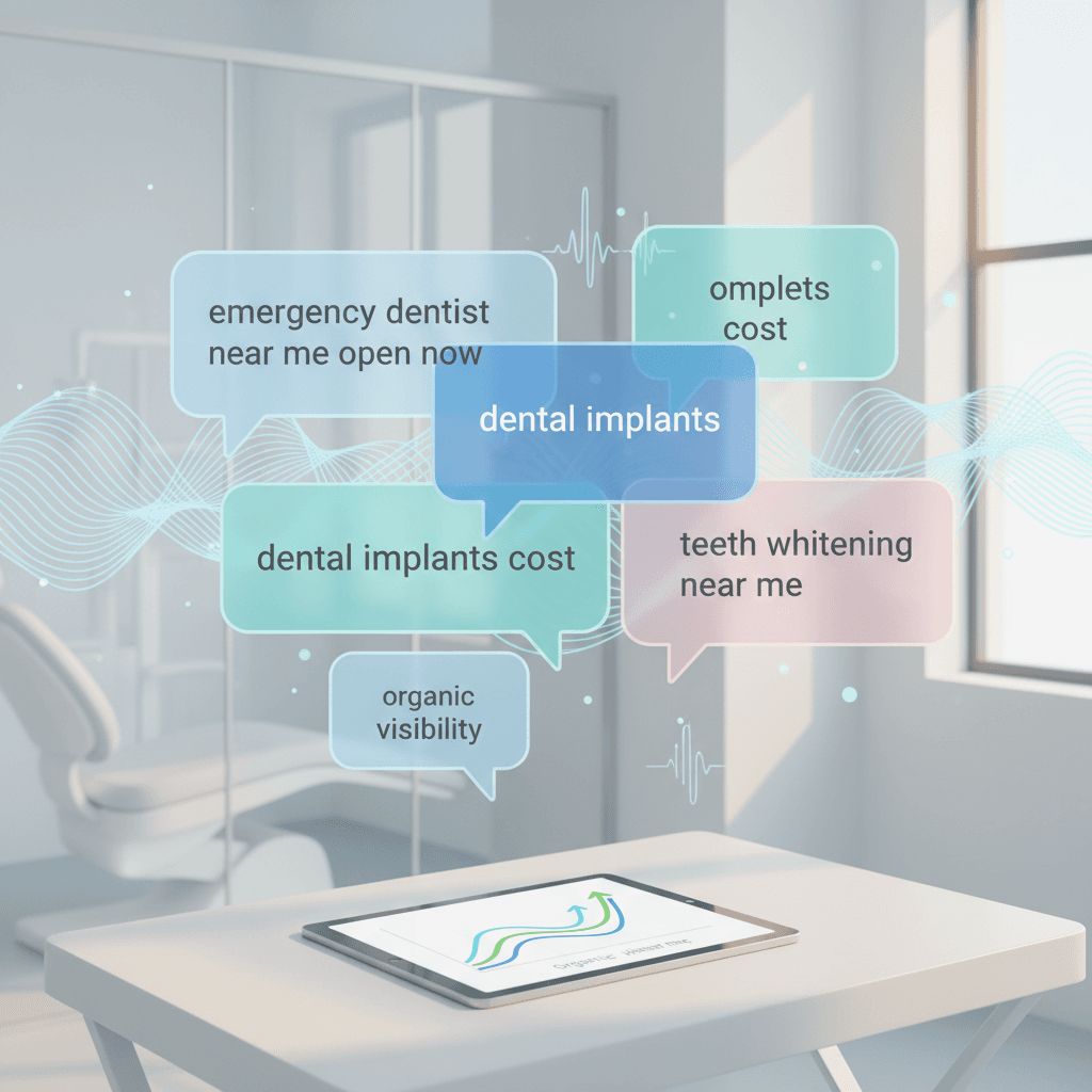 Modern dental workspace with speech bubbles and waveform patterns symbolizing voice search and digital growth.