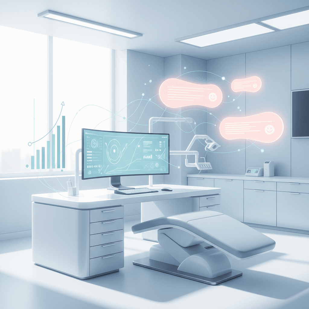 Modern dental workspace with testimonial bubbles, growth charts, and network lines in bright, clean design.