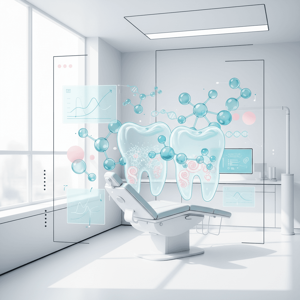Modern dental workspace with translucent molecular structures, teeth, DNA motifs, and growth charts.