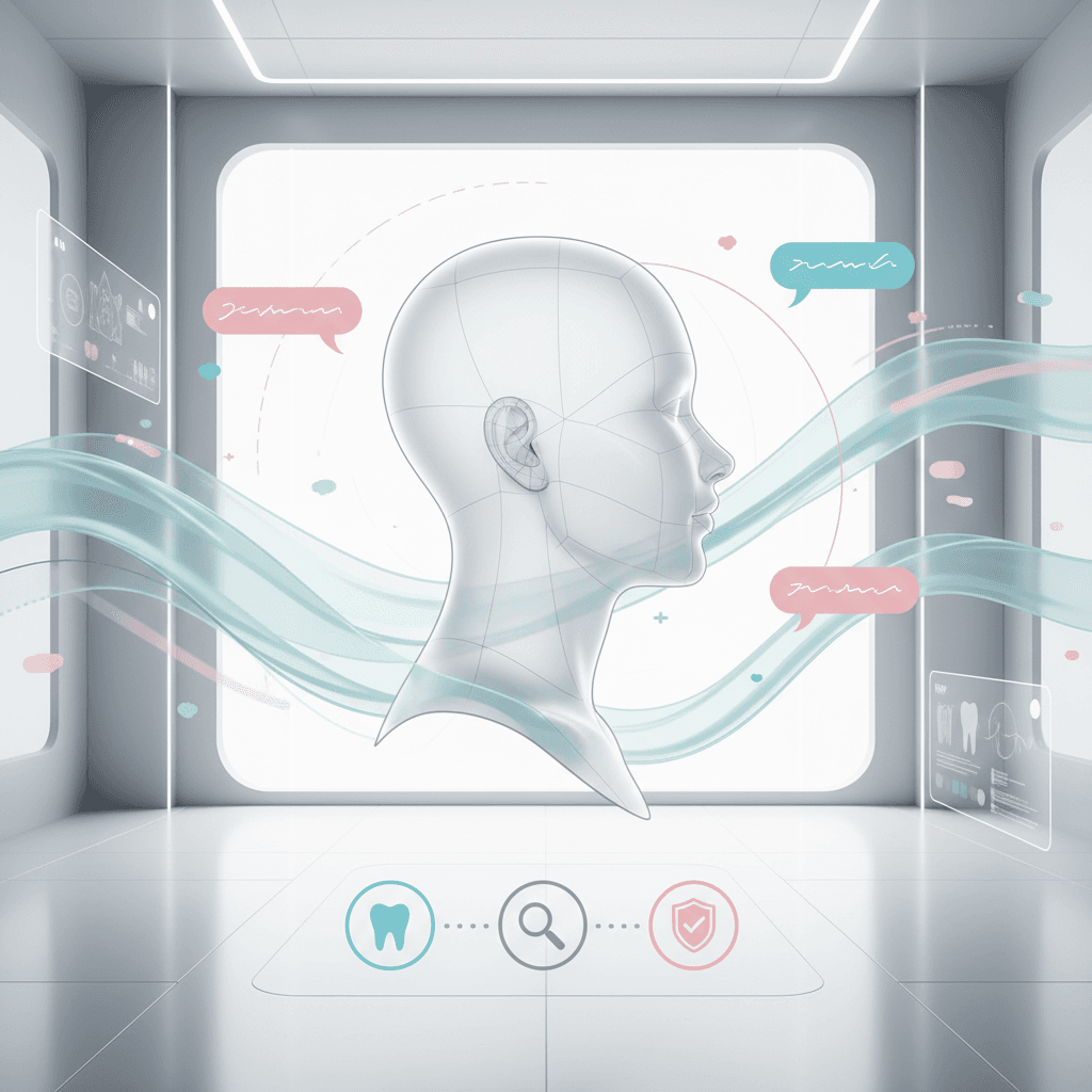 Serene upright silhouette in a bright, modern dental treatment room with calming colors and abstract airflow shapes.