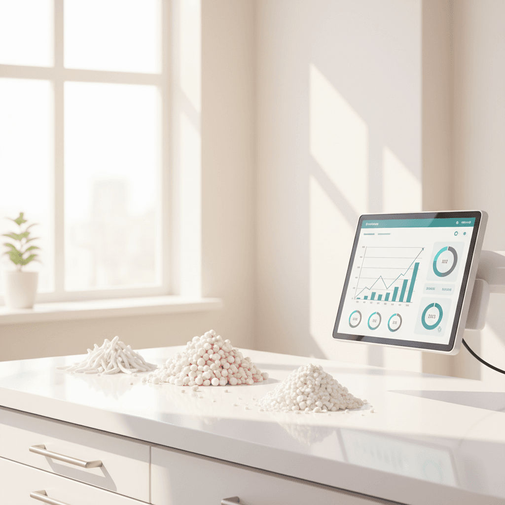 Dental clinic scene with bone samples, digital dashboard, and clinical data in bright, modern setting.