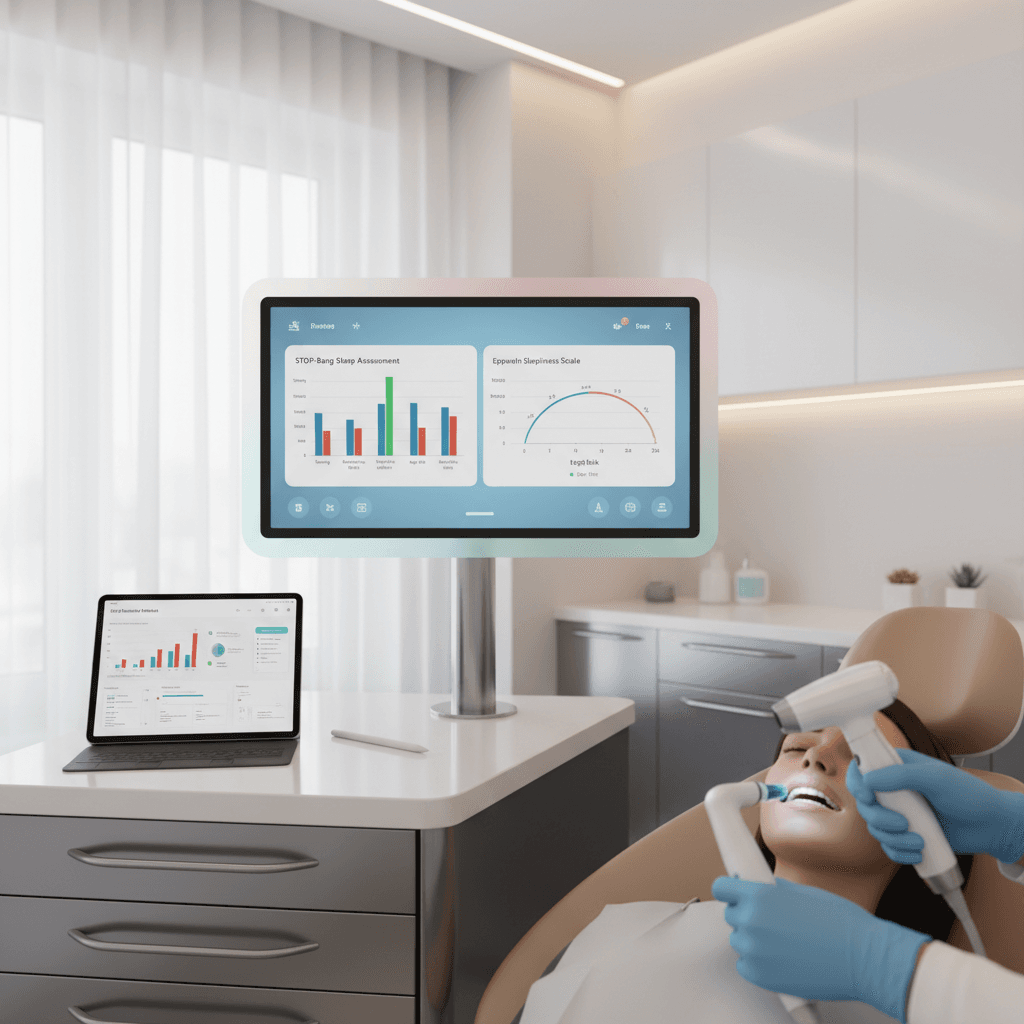 Dental clinician using intraoral scanner in bright clinical room with digital sleep assessment displays.