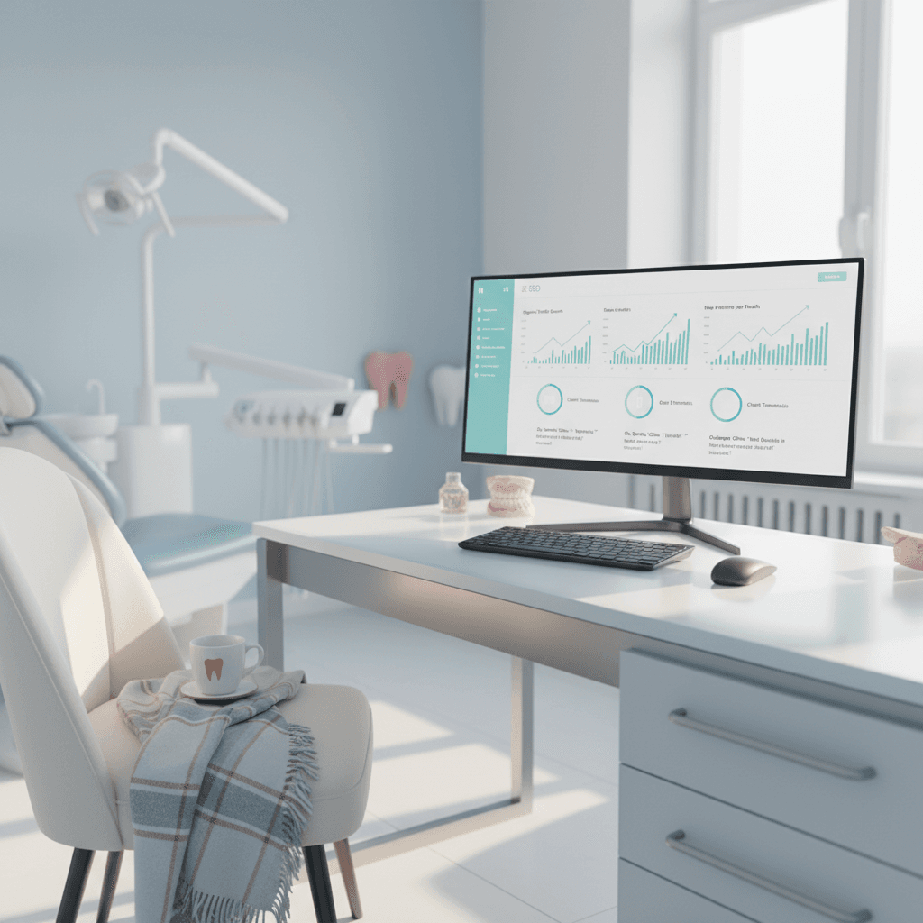 Modern dental clinic treatment room with digital SEO dashboard, tartan textiles, and warm, natural lighting.