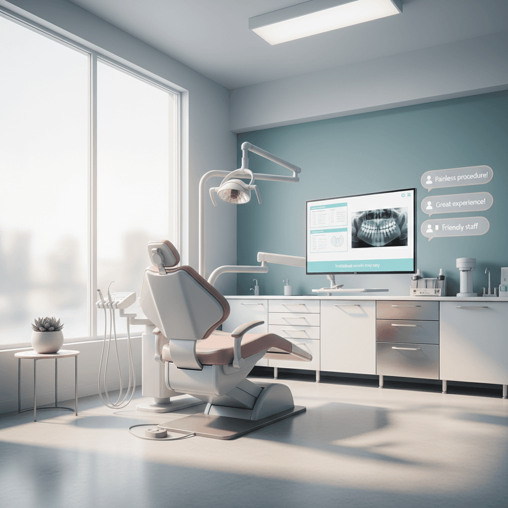 Modern dental clinic treatment room with digital workspace, testimonial bubbles, and clinical tones.
