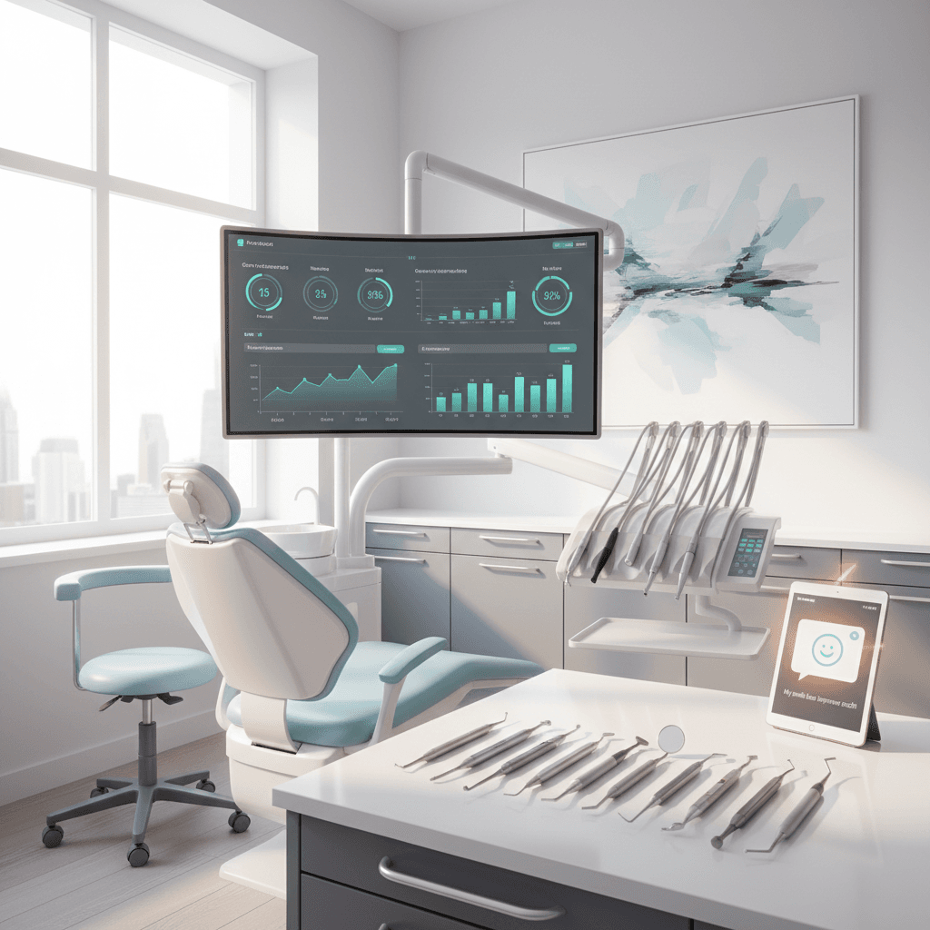 Modern dental clinic with digital charts, tools, and glowing testimonial on tablet.