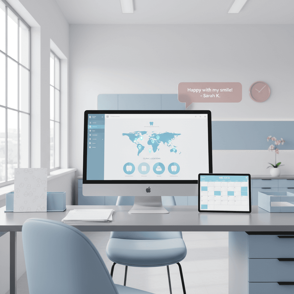 Modern dental clinic workspace with computer, consent forms, calendar, and testimonial in bright, clean room.