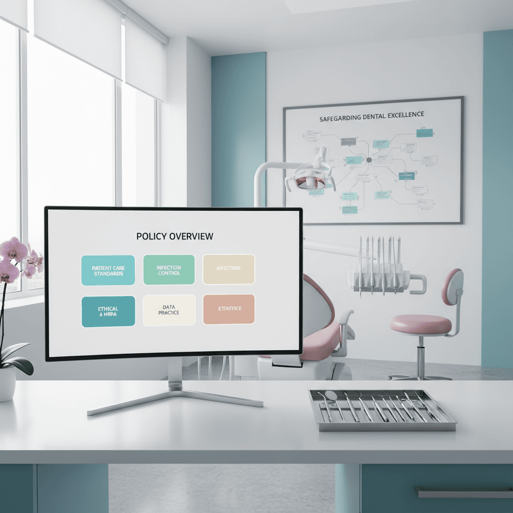 Modern dental clinic workspace with computer, tools, dental chair, and infographic in bright, clean setting.