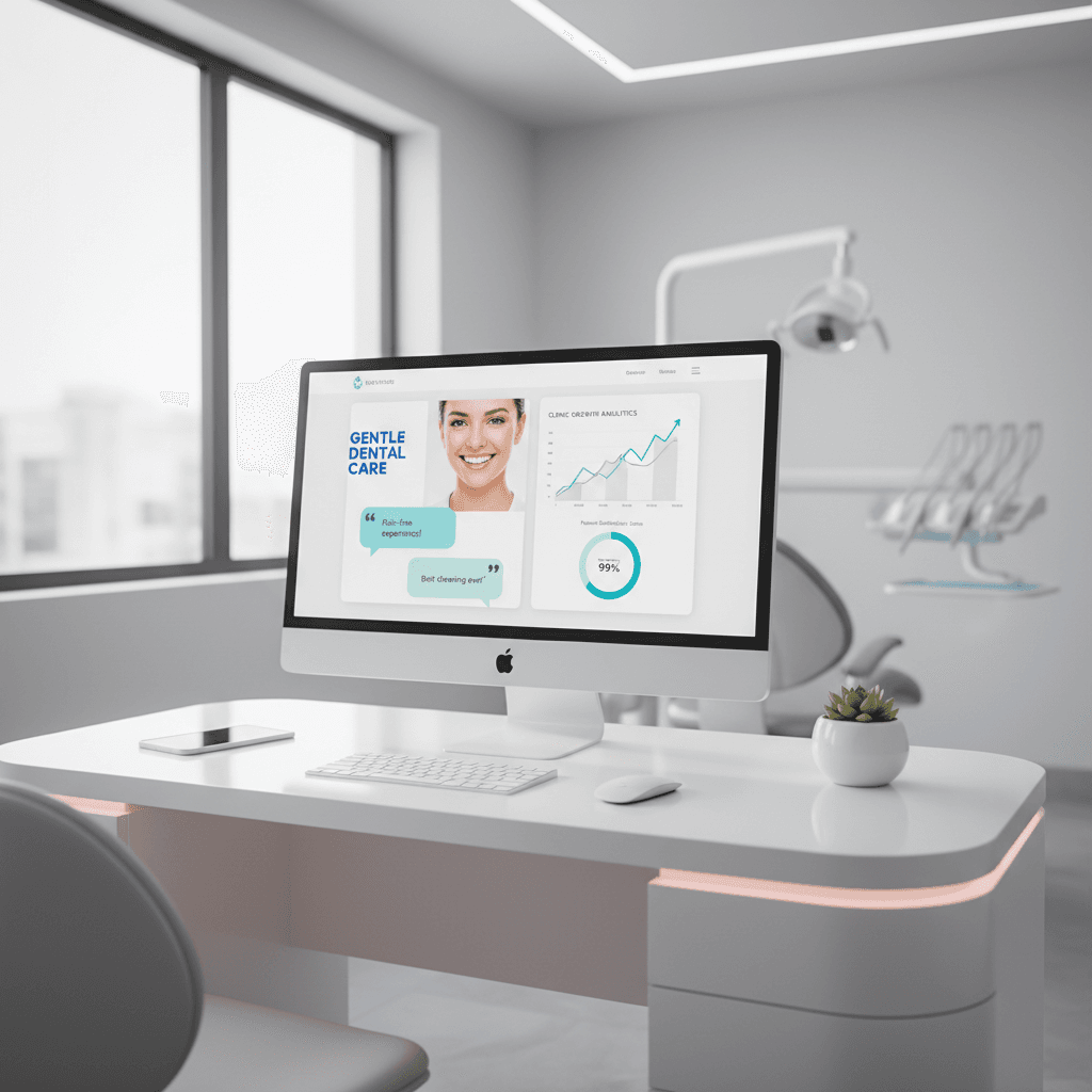 Modern dental clinic workspace with digital dashboards, testimonials, and growth charts.