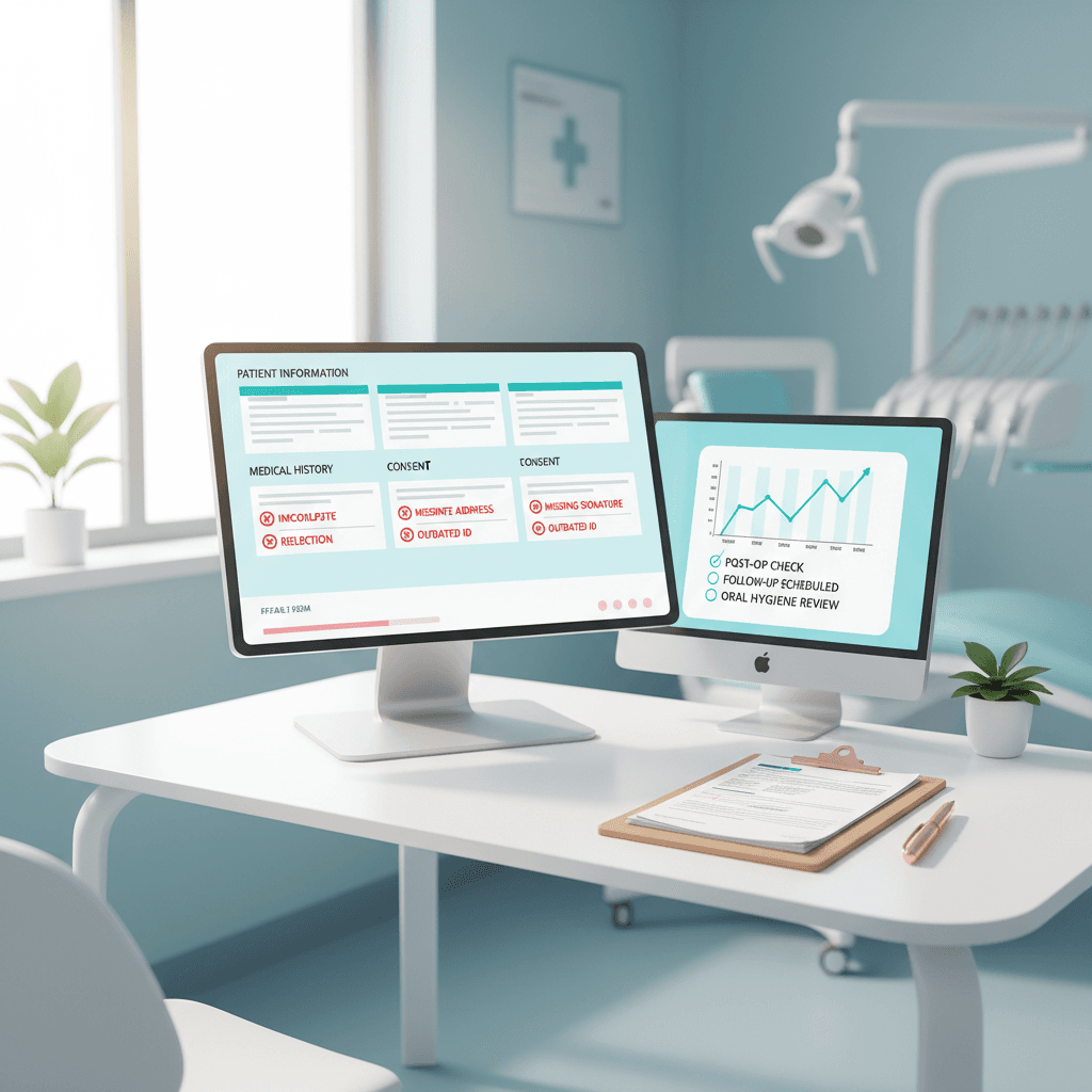 Modern dental clinic workspace with digital dashboard