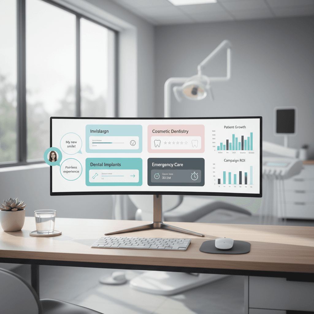 Modern dental clinic workspace with digital dashboard