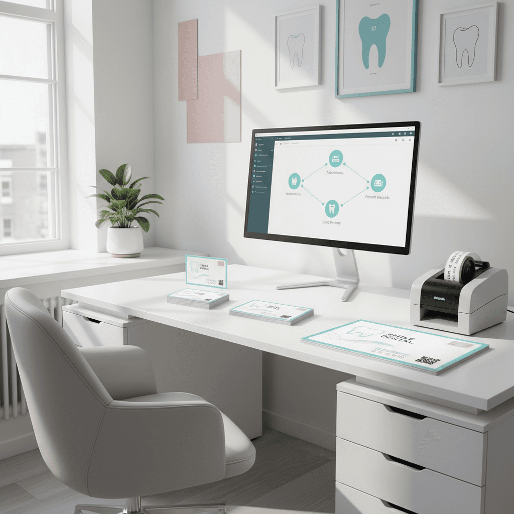 Modern dental clinic workspace with digital scheduling dashboard, appointment cards, and warm accents.