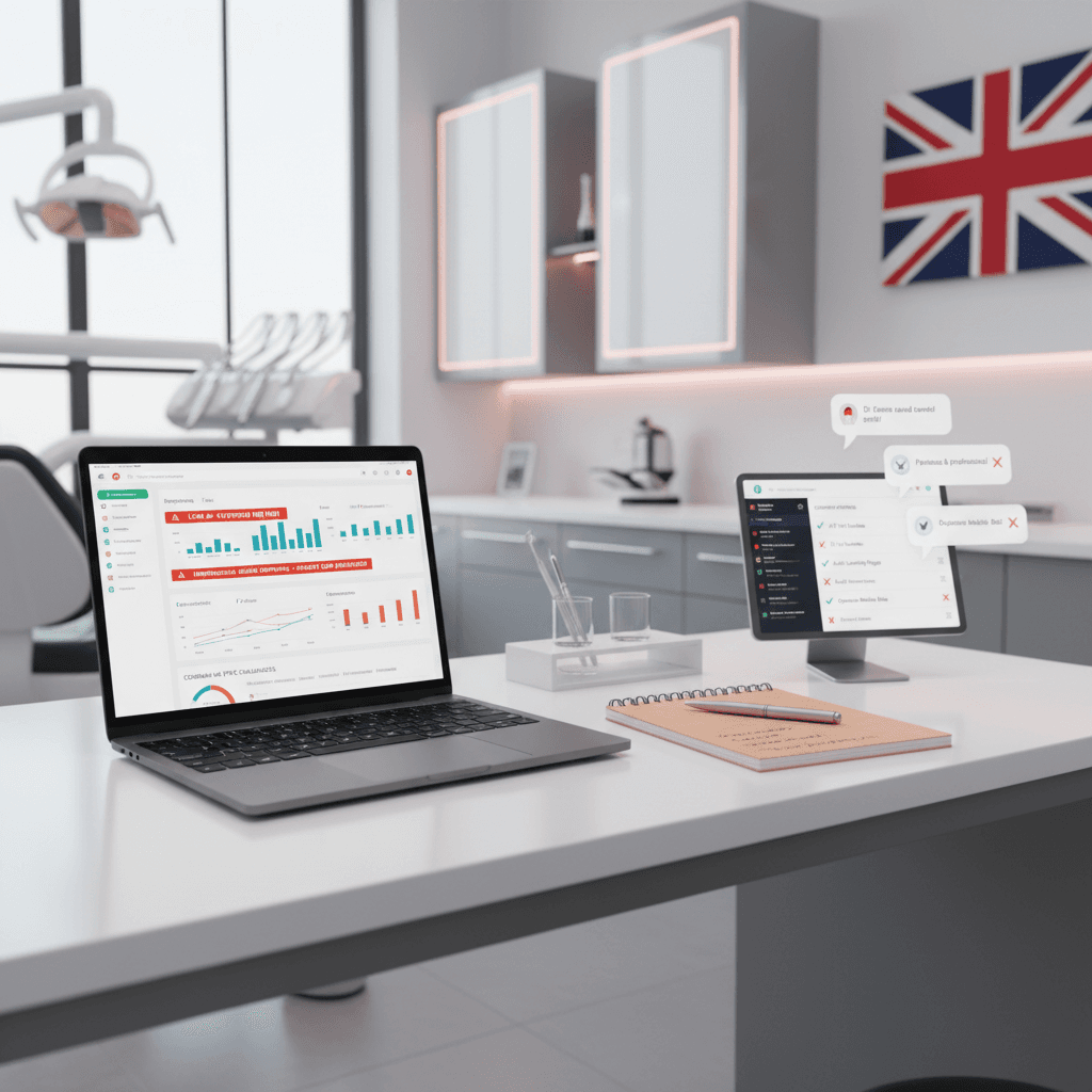 Modern dental clinic workspace with laptop and tablet