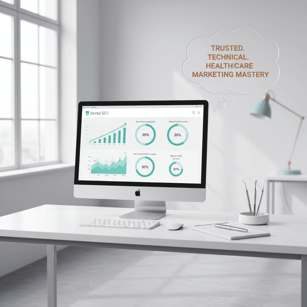 Modern dental clinic workspace with SEO dashboard, dental tools, and testimonial bubble.