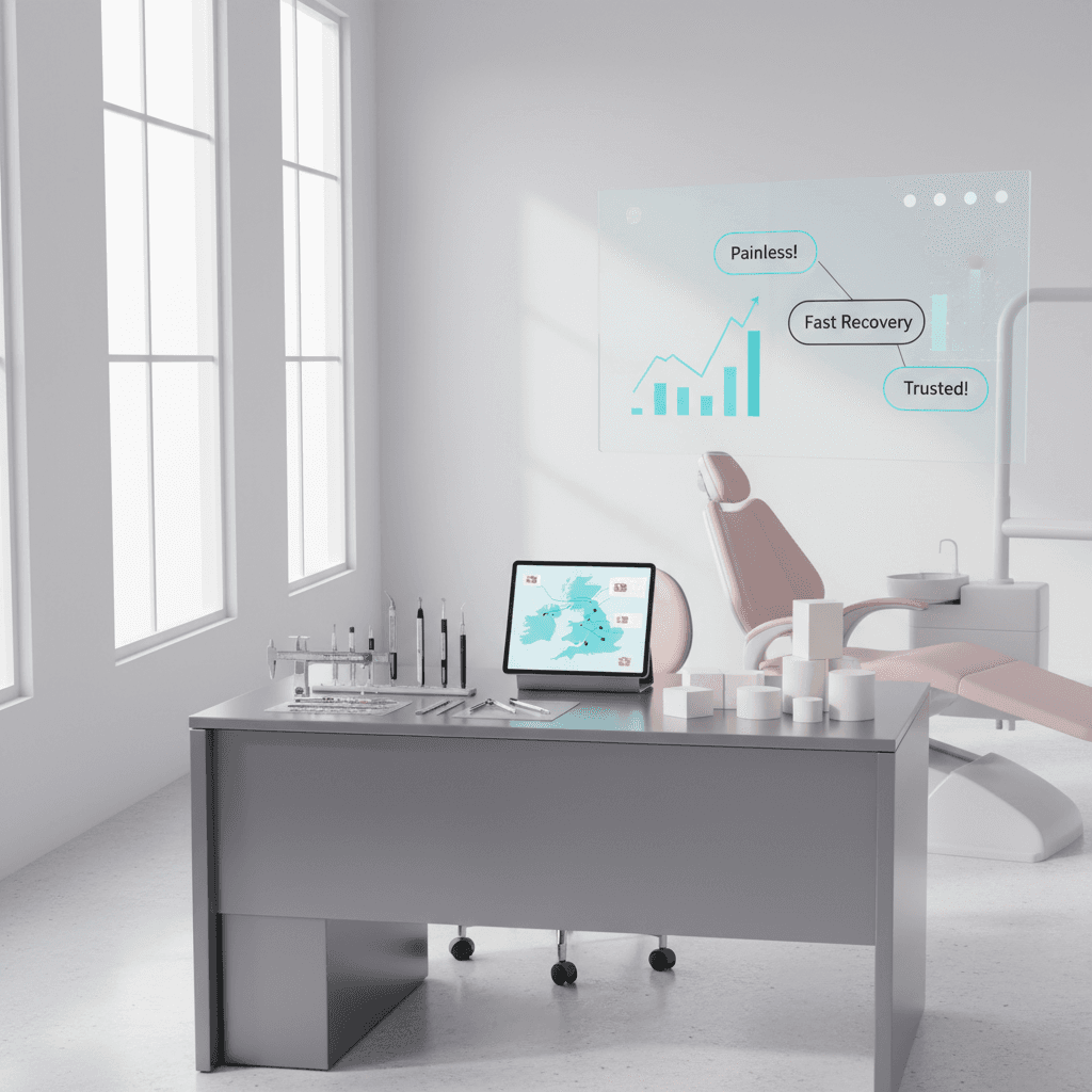 Modern dental clinic workspace with tools, digital tablet, pink chair, and dashboard displays.