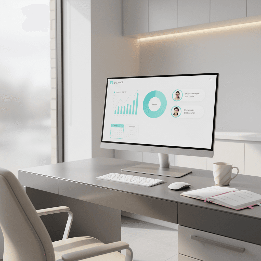 Modern dental dashboard on a digital workspace in a bright clinic treatment room.