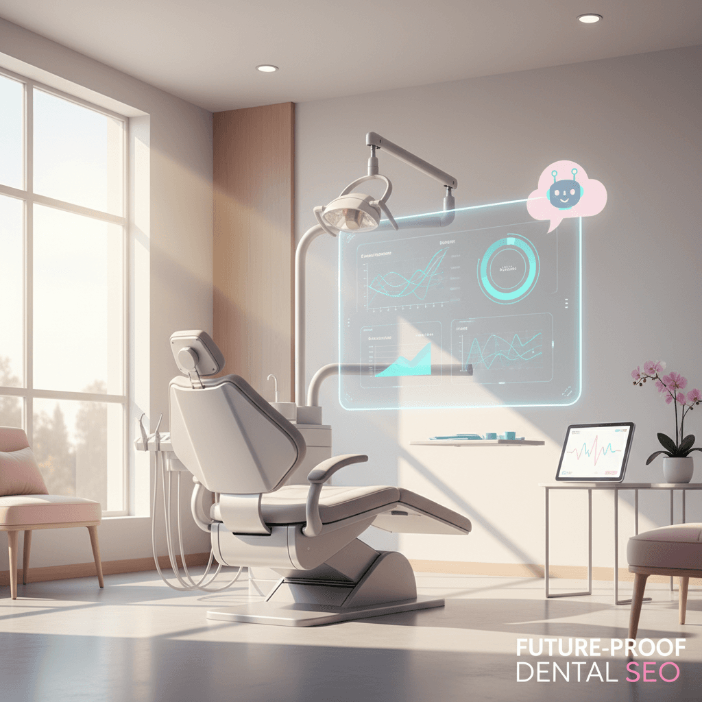 Modern dental office with digital dashboard, chatbot icon, dental chair, and voice search tablet.