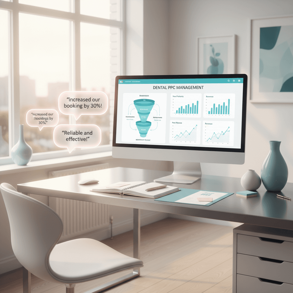 Modern dental office with digital monitor displaying analytics