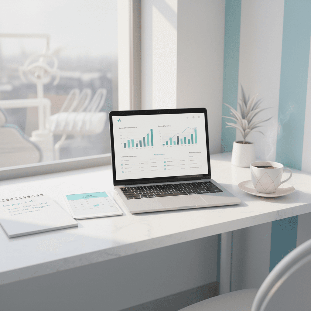 Modern dental office workspace with laptop and notepad
