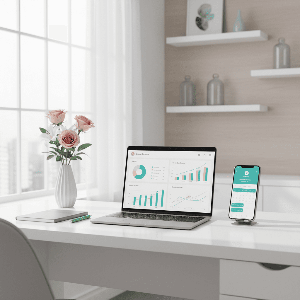 Modern dental office workspace with laptop, smartphone, calendar, flowers, and stationery.